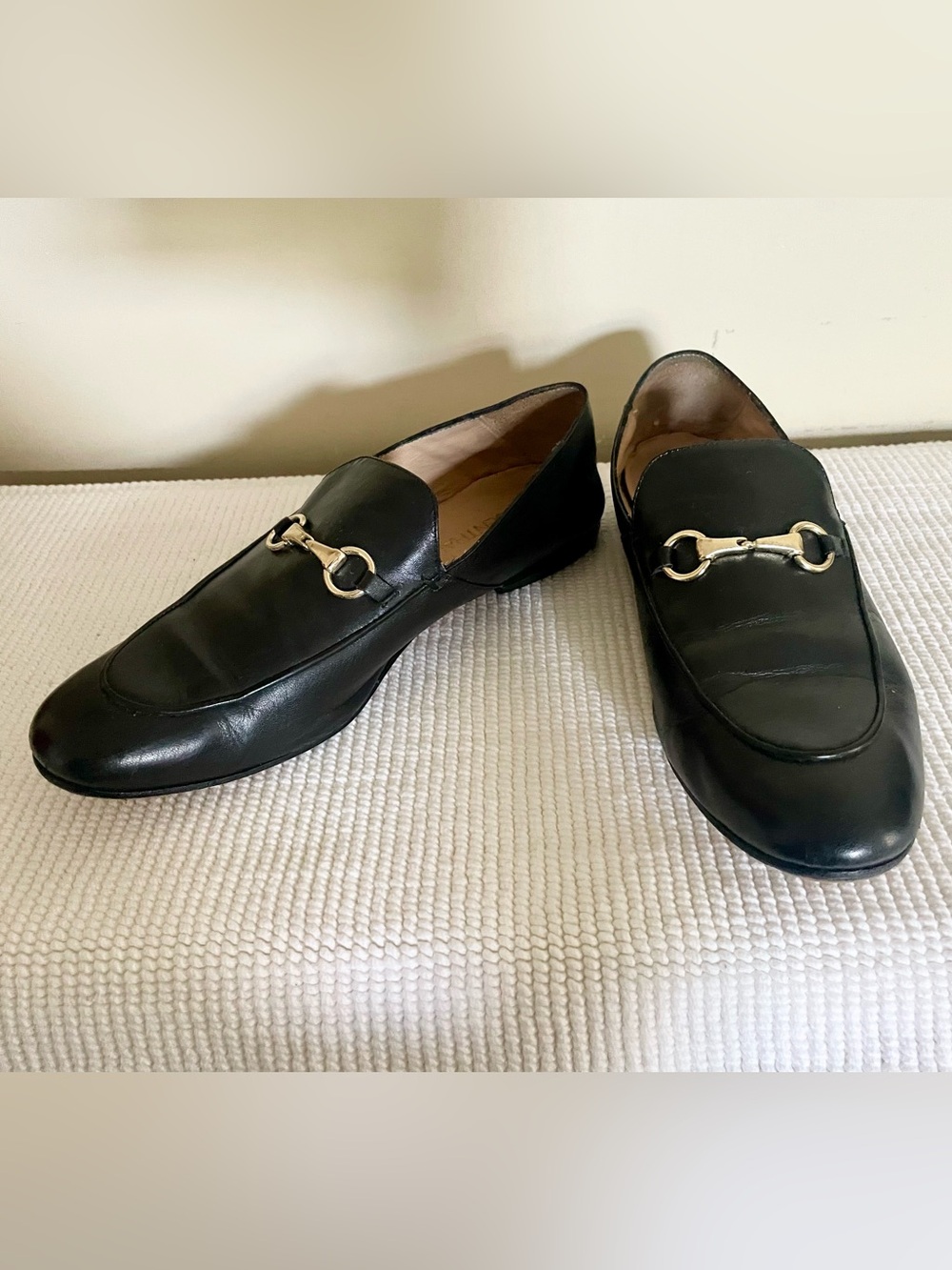 Women’s Black Leather Slip-On Loafers with Gold Horse-Bit Accent
